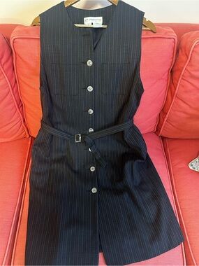 Vintage Liz Claiborne Black Pinstripe Button-Front Belted Dress size 14P
